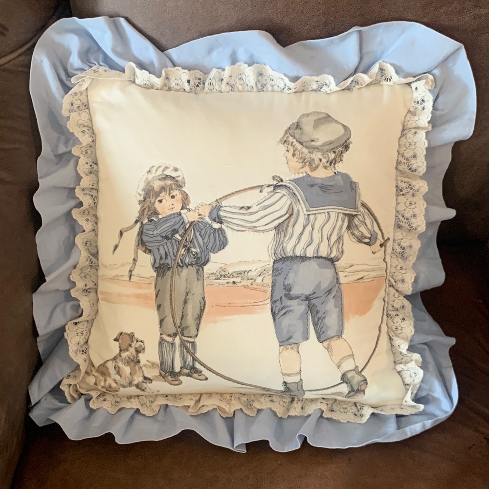 Hand Crafted Blue and Cream Vintage Children Illustration Accent Pillow